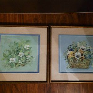 Framed Pair of Floral Prints Pansies and Strawberries signed JEM